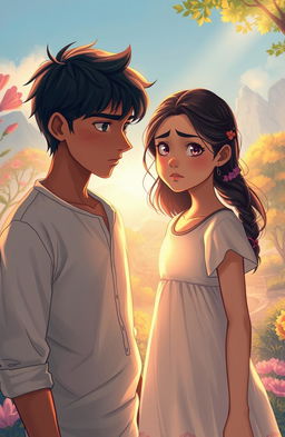 A poignant and emotional scene depicting the bond between two characters: Rishi, a young man with a troubled expression, reflecting his traumatic past, standing in a warm, sunlit environment, symbolizing hope and healing