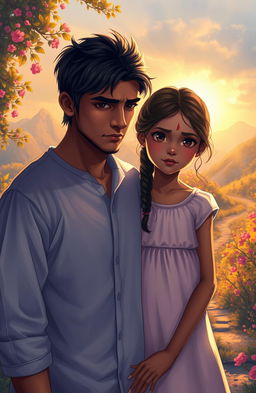 A poignant and emotional scene depicting the bond between two characters: Rishi, a young man with a troubled expression, reflecting his traumatic past, standing in a warm, sunlit environment, symbolizing hope and healing