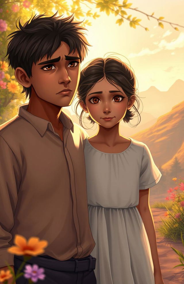 A poignant and emotional scene depicting the bond between two characters: Rishi, a young man with a troubled expression, reflecting his traumatic past, standing in a warm, sunlit environment, symbolizing hope and healing