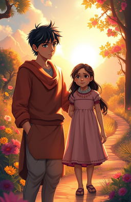 A poignant and emotional scene depicting the bond between two characters: Rishi, a young man with a troubled expression, reflecting his traumatic past, standing in a warm, sunlit environment, symbolizing hope and healing