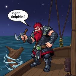 A dwarven man with vibrant red hair, clad in gleaming chainmail armor, is standing assertively on the deck of a ship