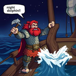 A dwarven man with vibrant red hair, clad in gleaming chainmail armor, is standing assertively on the deck of a ship