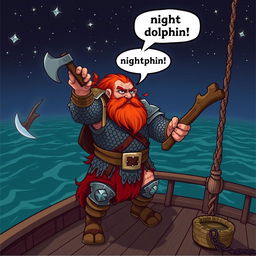 A dwarven man with vibrant red hair, clad in gleaming chainmail armor, is standing assertively on the deck of a ship