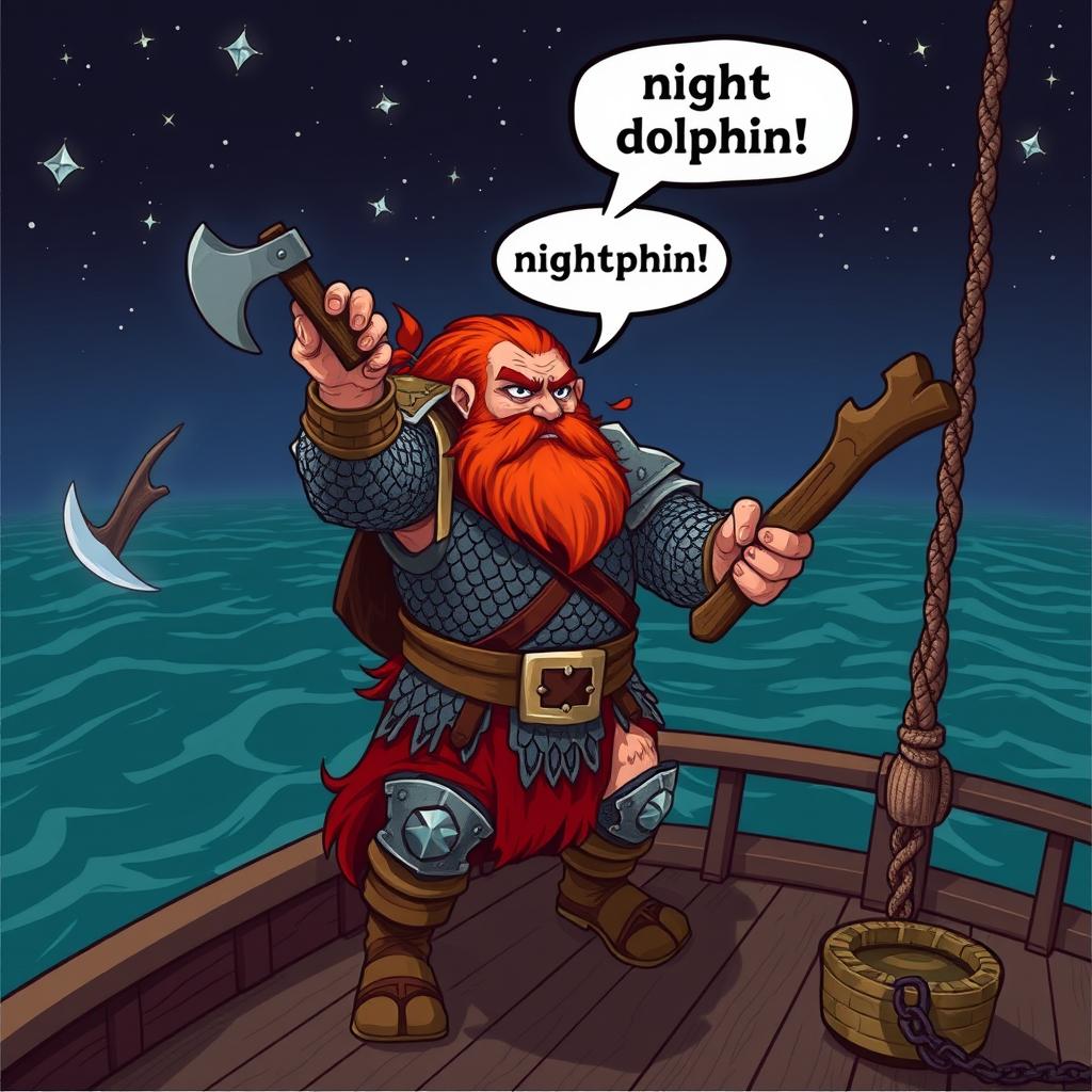 A dwarven man with vibrant red hair, clad in gleaming chainmail armor, is standing assertively on the deck of a ship