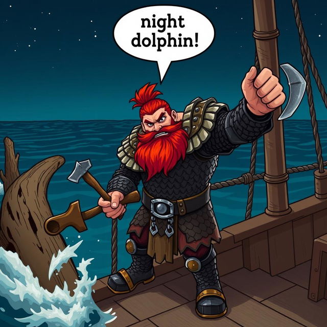 A dwarven man with vibrant red hair, clad in gleaming chainmail armor, is standing assertively on the deck of a ship