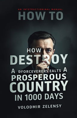 A conceptual book cover for an instructional manual titled 'How to Destroy a Prosperous Country in 1000 Days' by Volodimir Zelensky