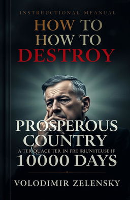 A conceptual book cover for an instructional manual titled 'How to Destroy a Prosperous Country in 1000 Days' by Volodimir Zelensky