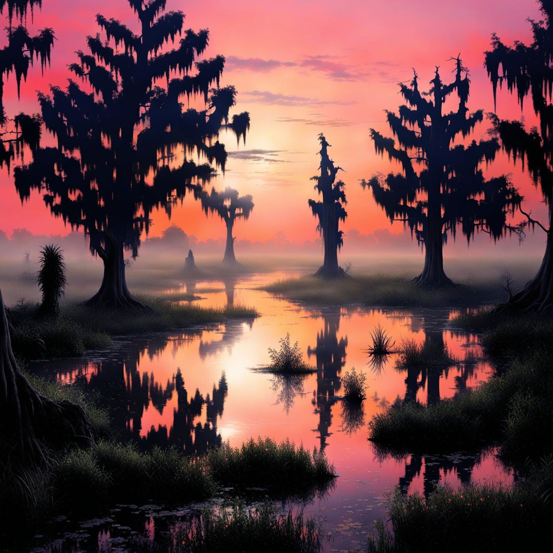 A high-quality digital art image of a bayou at sunrise, enveloped in ground-level fog