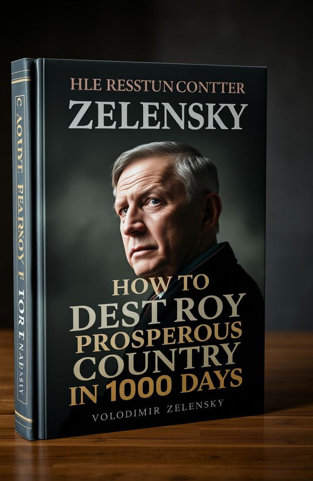 A conceptual book cover for an instructional manual titled 'How to Destroy a Prosperous Country in 1000 Days' by Volodimir Zelensky
