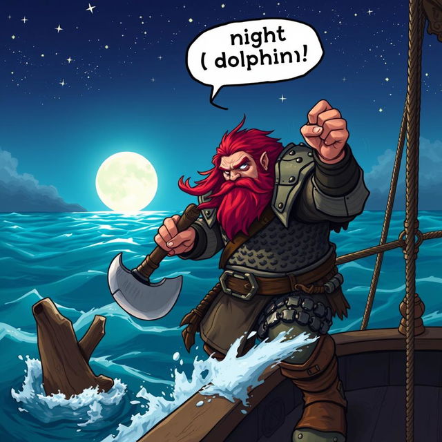 A dynamic scene featuring a dwarven man with vibrant red hair, clad in sturdy chainmail armor, standing on the deck of a ship