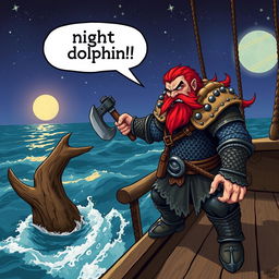 A dynamic scene featuring a dwarven man with vibrant red hair, clad in sturdy chainmail armor, standing on the deck of a ship