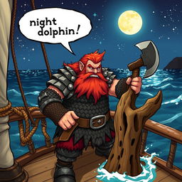 A dynamic scene featuring a dwarven man with vibrant red hair, clad in sturdy chainmail armor, standing on the deck of a ship