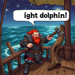 A dynamic scene featuring a dwarven man with vibrant red hair, clad in sturdy chainmail armor, standing on the deck of a ship