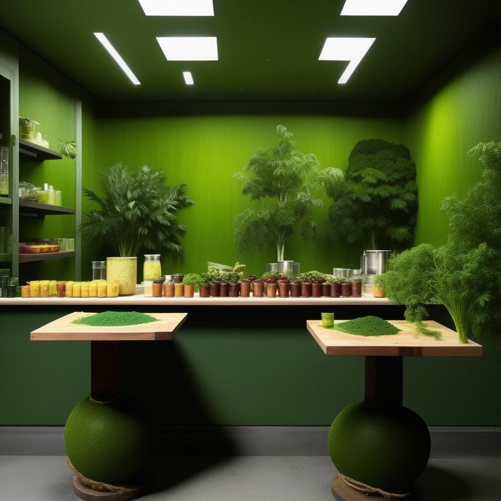 A 20x20 small shop designed for selling Idli chutney with an organic food theme, featuring a gentle green color scheme and dark-colored tables which conceal any potential stains.