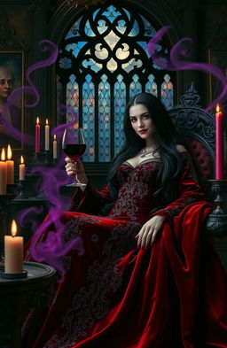 A vampire queen lounging in a luxurious, dimly lit room