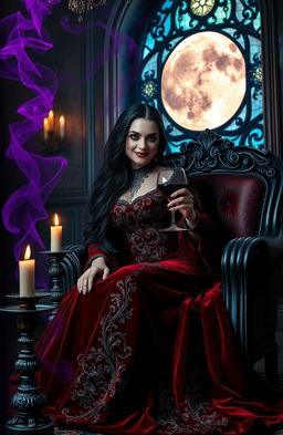 A vampire queen lounging in a luxurious, dimly lit room