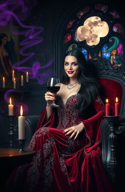 A vampire queen lounging in a luxurious, dimly lit room
