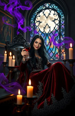 A vampire queen lounging in a luxurious, dimly lit room