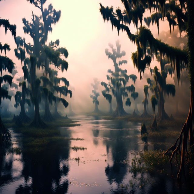 A high-definition, wide-angle photograph capturing a foggy bayou