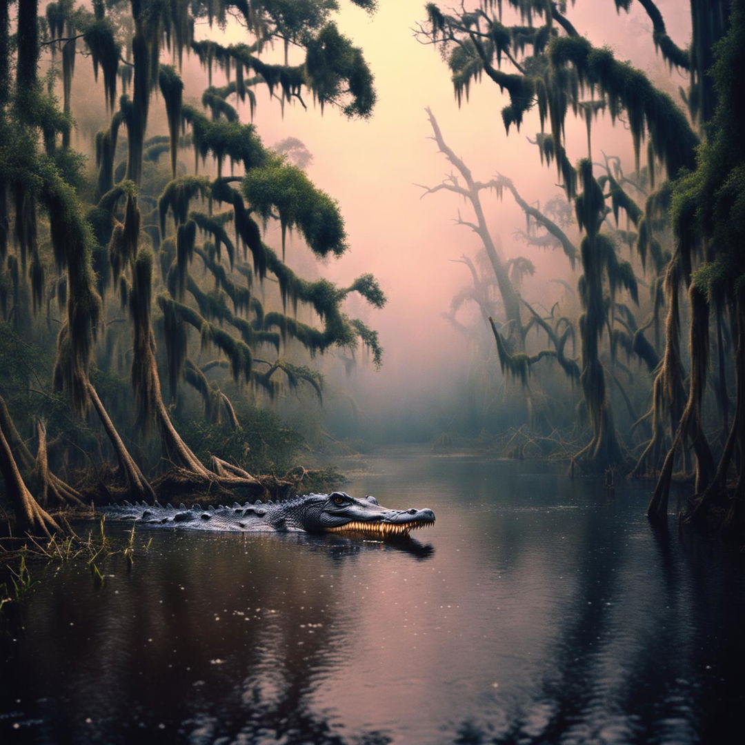 A high-definition, wide-angle photograph of a foggy bayou with an alligator partially submerged in the water