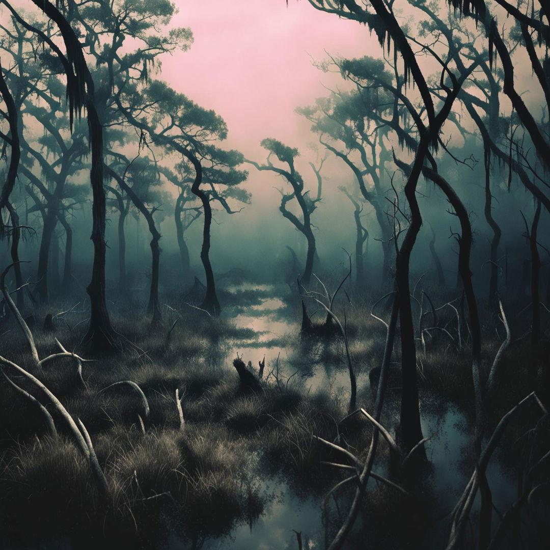 A high-definition, cinematic image of an eerie, fog-covered swamp