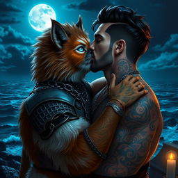 A fluffy brown and white tabaxi man with striking blue eyes, adorned in detailed chainmail armor, is passionately kissing an attractive man with dark hair, covered in intricate tattoos and sporting stylish piercings