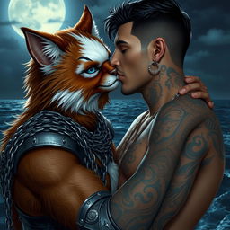 A fluffy brown and white tabaxi man with striking blue eyes, adorned in detailed chainmail armor, is passionately kissing an attractive man with dark hair, covered in intricate tattoos and sporting stylish piercings