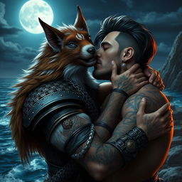 A fluffy brown and white tabaxi man with striking blue eyes, adorned in detailed chainmail armor, is passionately kissing an attractive man with dark hair, covered in intricate tattoos and sporting stylish piercings