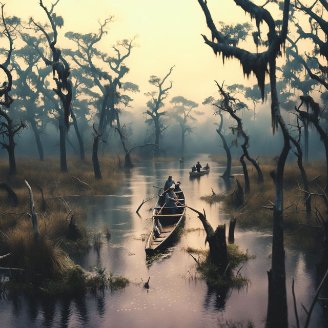 An ultra-wide, high-definition, cinematic photograph of a foggy swamp scene with nervous travellers in a rowboat