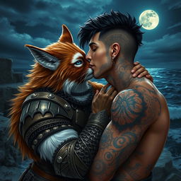 A fluffy brown and white tabaxi man with striking blue eyes, adorned in detailed chainmail armor, is passionately kissing an attractive man with dark hair, covered in intricate tattoos and sporting stylish piercings