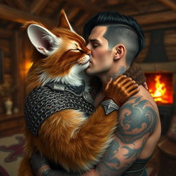 A fluffy tabaxi cat man with brown and white fur and closed eyes, wearing intricate chainmail armor, passionately kissing an attractive man with dark hair, adorned with tattoos and piercings