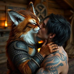 A fluffy tabaxi cat man with brown and white fur and closed eyes, wearing intricate chainmail armor, passionately kissing an attractive man with dark hair, adorned with tattoos and piercings