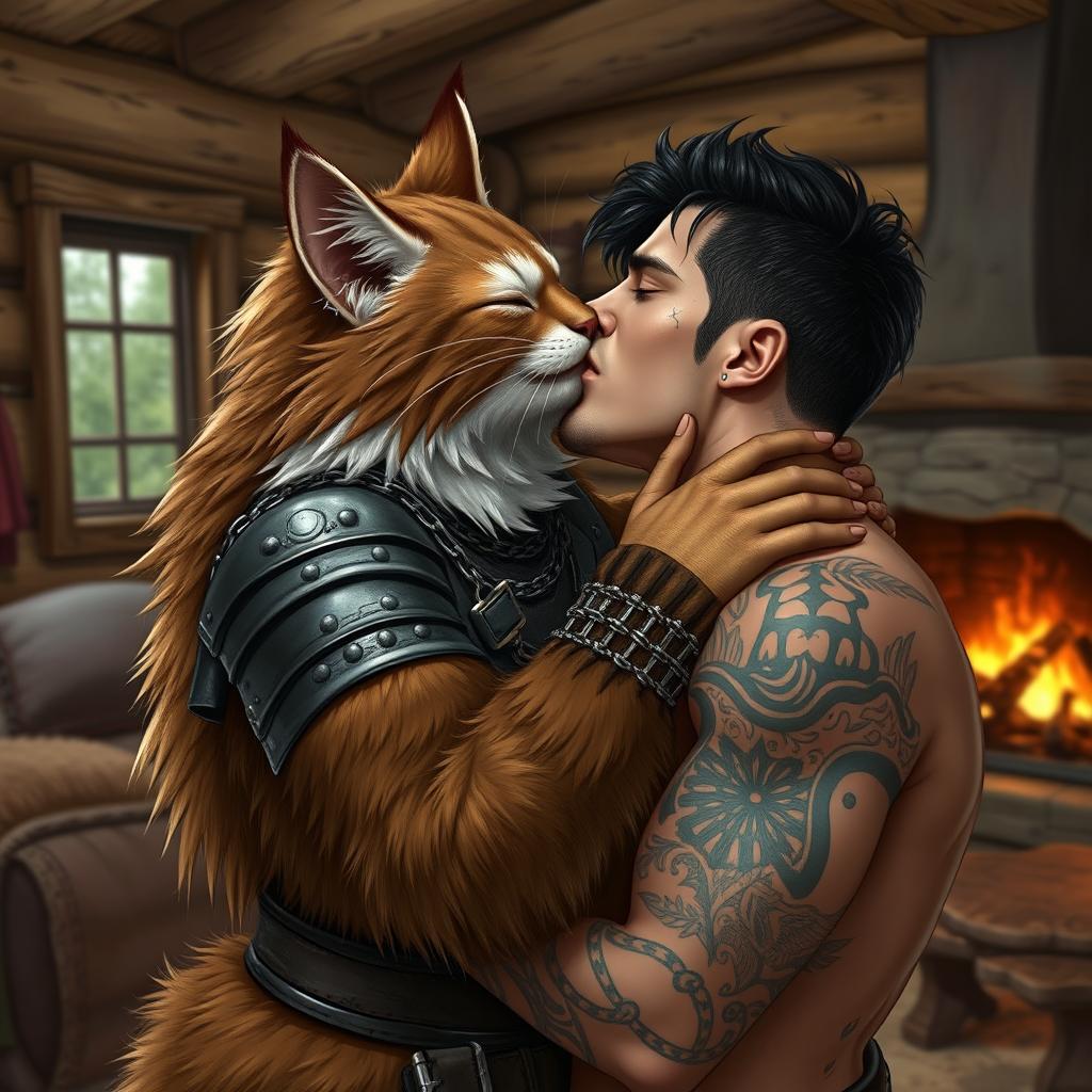 A fluffy tabaxi cat man with brown and white fur and closed eyes, wearing intricate chainmail armor, passionately kissing an attractive man with dark hair, adorned with tattoos and piercings