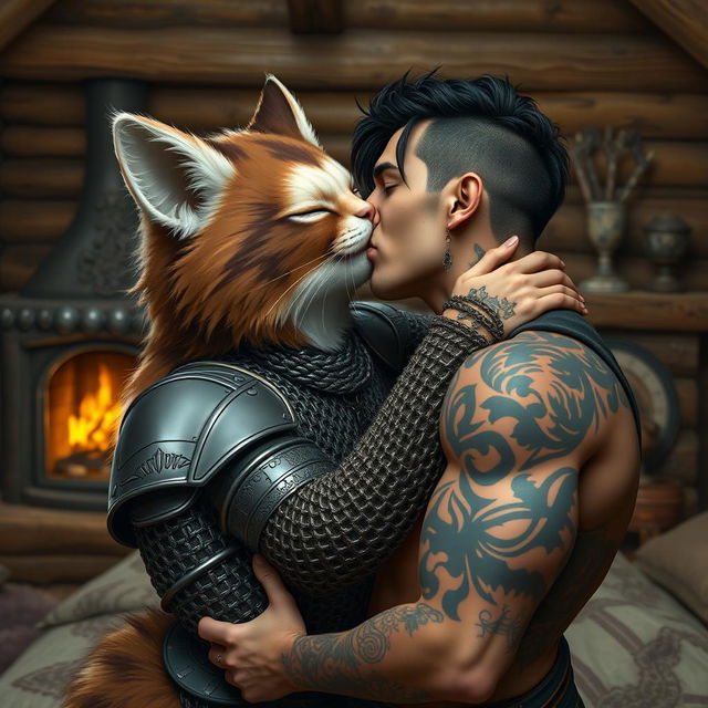 A fluffy tabaxi cat man with brown and white fur and closed eyes, wearing intricate chainmail armor, passionately kissing an attractive man with dark hair, adorned with tattoos and piercings