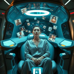 A woman sitting in a futuristic device, immersed in a session of recalling past memories