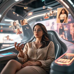 A woman sitting in a futuristic device, immersed in a session of recalling past memories