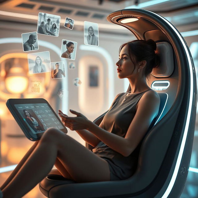 A woman sitting in a futuristic device, immersed in a session of recalling past memories