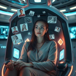 A woman sitting in a futuristic device, immersed in a session of recalling past memories