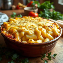 A mouth-watering close-up of a deliciously baked macaroni gratin, topped with golden, bubbly cheese that is perfectly melted and slightly crispy on the edges