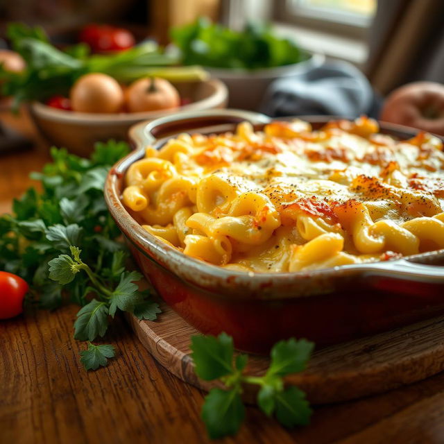 A mouth-watering close-up of a deliciously baked macaroni gratin, topped with golden, bubbly cheese that is perfectly melted and slightly crispy on the edges