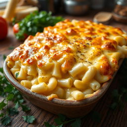 A mouth-watering close-up of a deliciously baked macaroni gratin, topped with golden, bubbly cheese that is perfectly melted and slightly crispy on the edges