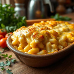 A mouth-watering close-up of a deliciously baked macaroni gratin, topped with golden, bubbly cheese that is perfectly melted and slightly crispy on the edges