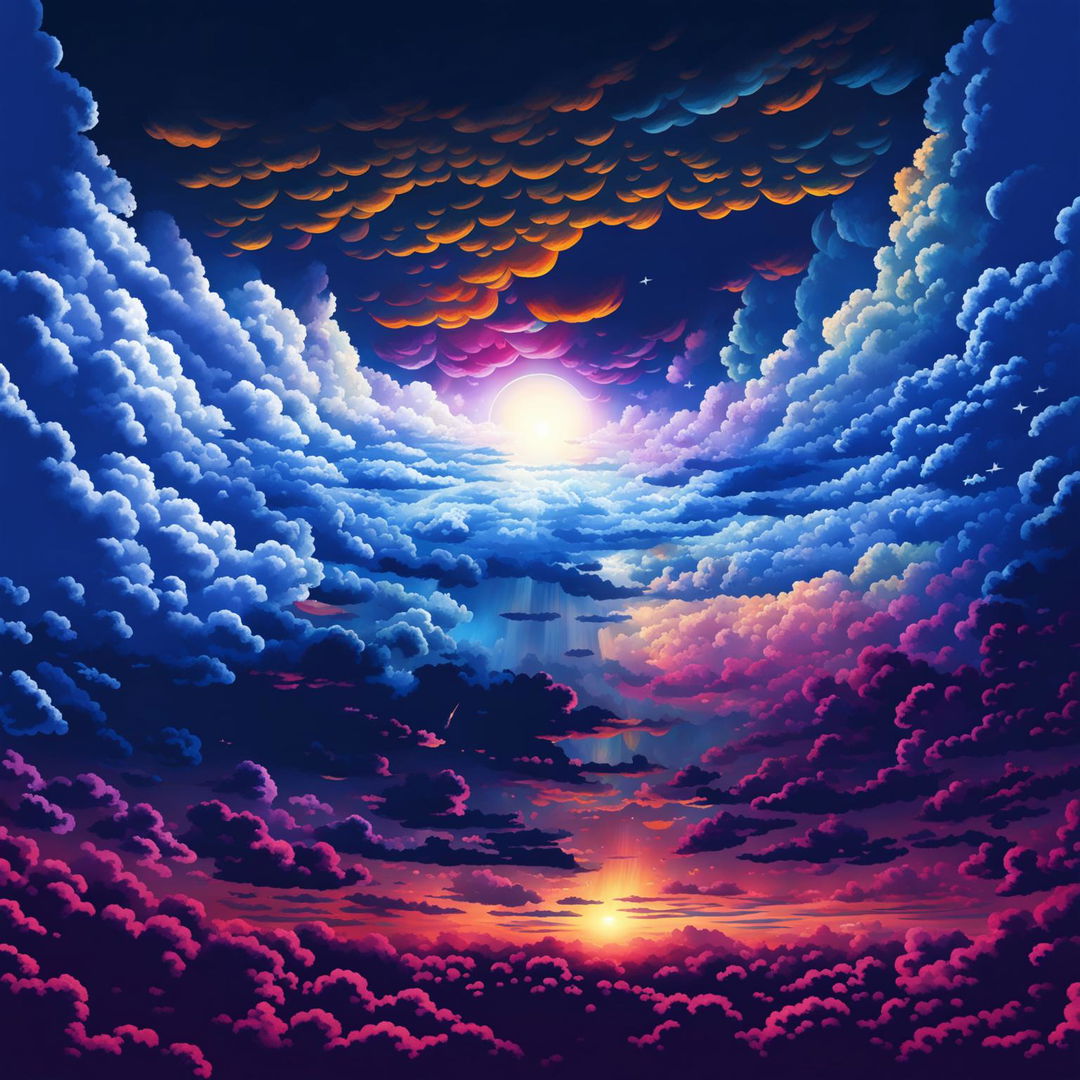 This high-definition, cinematic digital art image showcases the breathtaking beauty of the sky, with a panorama of colors from sunset to dawn, and incredibly detailed clouds