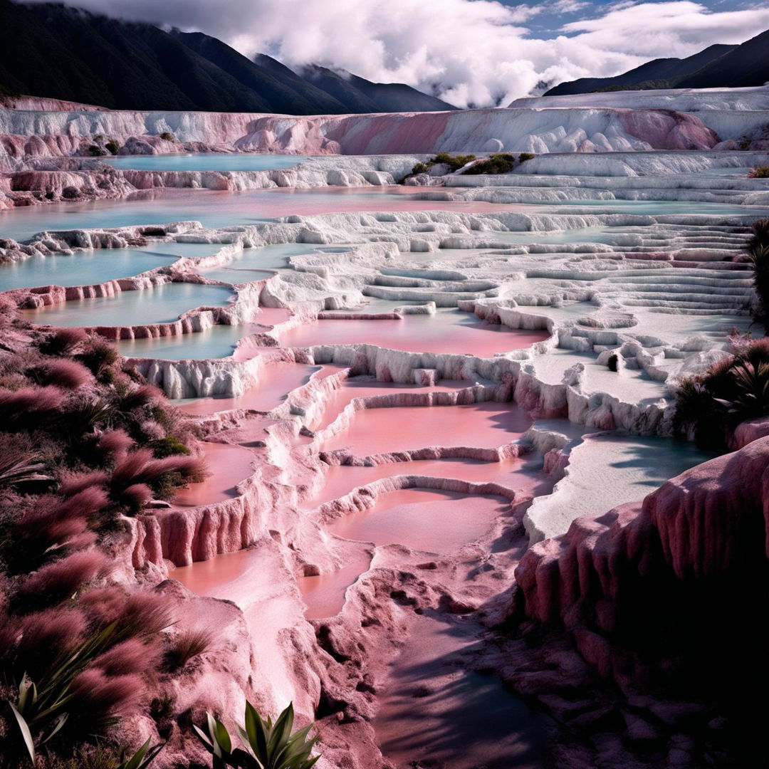 An ultra-wide-angle, high-definition cinematic photograph capturing the surreal beauty of New Zealand's Pink and White Terraces