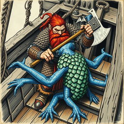 A fierce dwarven man with reddish brown hair and a thick beard, clad in intricate scale mail armor, is chopping a blue-skinned humanoid creature with four arms, covered in scales and fins, in half with his mighty axe
