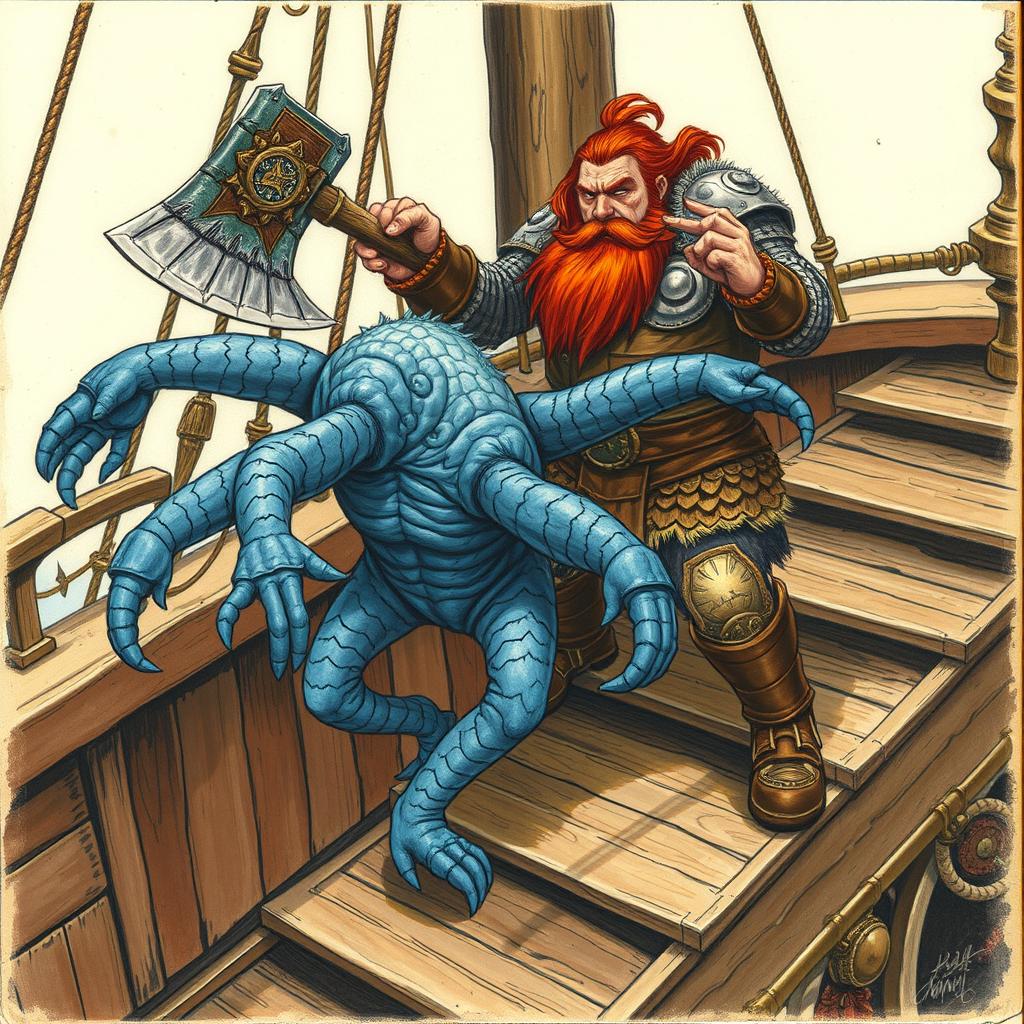 A fierce dwarven man with reddish brown hair and a thick beard, clad in intricate scale mail armor, is chopping a blue-skinned humanoid creature with four arms, covered in scales and fins, in half with his mighty axe
