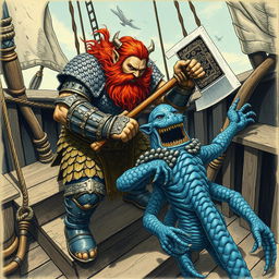 A fierce dwarven man with reddish brown hair and a thick beard, clad in intricate scale mail armor, is chopping a blue-skinned humanoid creature with four arms, covered in scales and fins, in half with his mighty axe