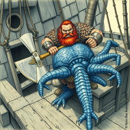 A fierce dwarven man with reddish brown hair and a thick beard, clad in intricate scale mail armor, is chopping a blue-skinned humanoid creature with four arms, covered in scales and fins, in half with his mighty axe