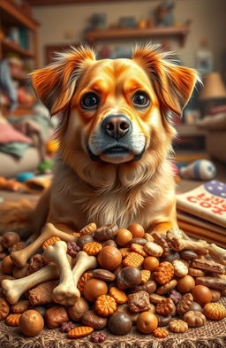 A scene depicting a greedy dog, with a look of gluttony on its face as it sits surrounded by piles of food, such as bones, treats, and various dog snacks