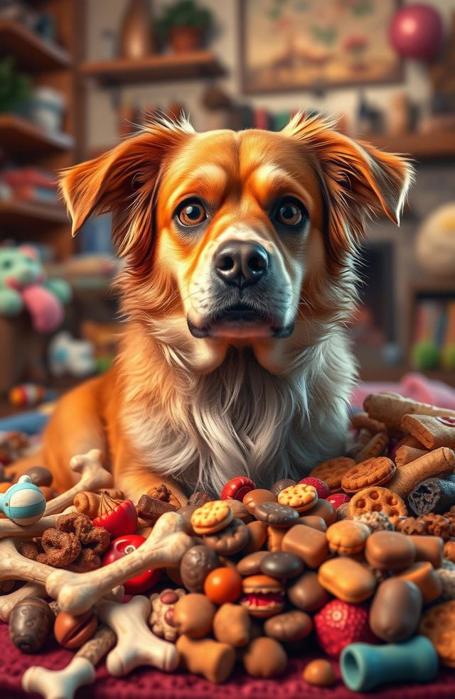 A scene depicting a greedy dog, with a look of gluttony on its face as it sits surrounded by piles of food, such as bones, treats, and various dog snacks